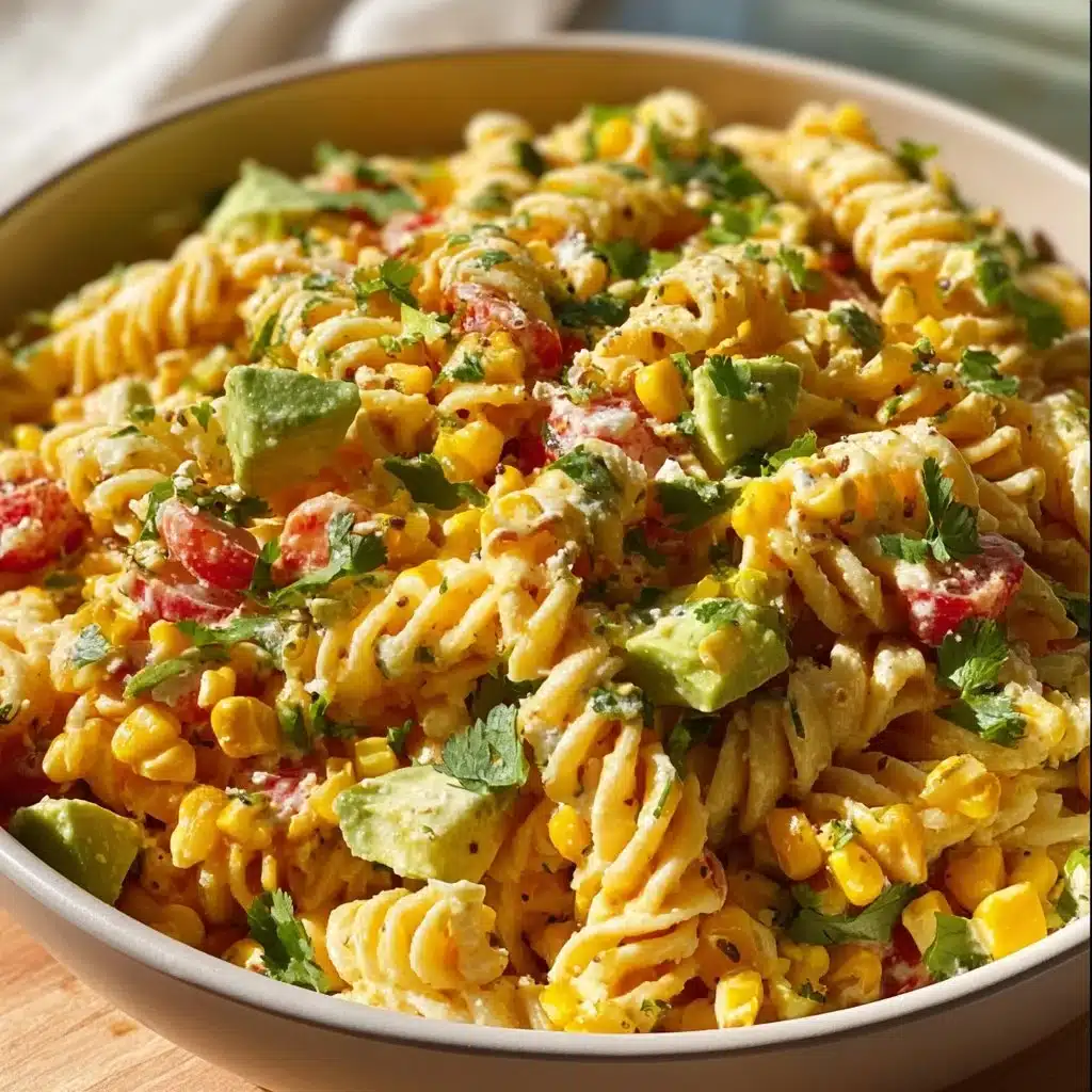 Bowl of Mexican Street Corn Pasta Salad with colorful vegetables and dressing