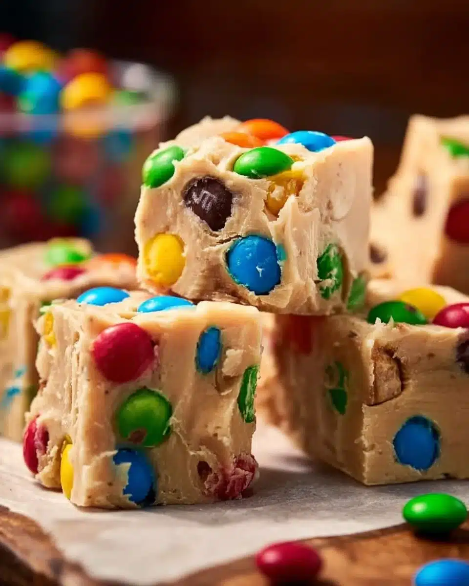 M&M cookie dough fudge squares with colorful chocolate candies
