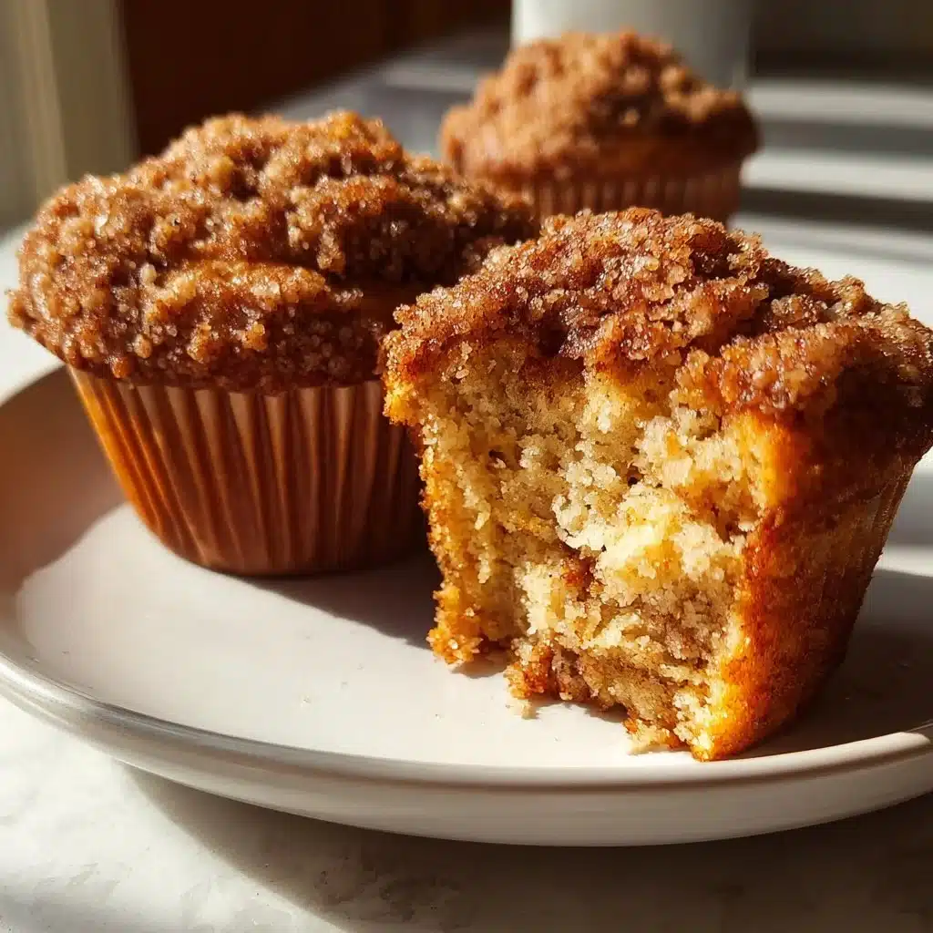 Moist banana muffins with sweet streusel topping on a plate