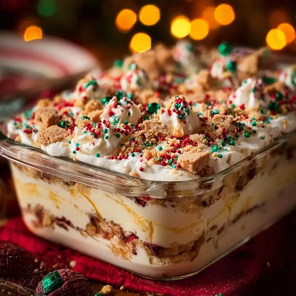 Delicious No-Bake Christmas Cookie Lasagna with layers of cookies and cream
