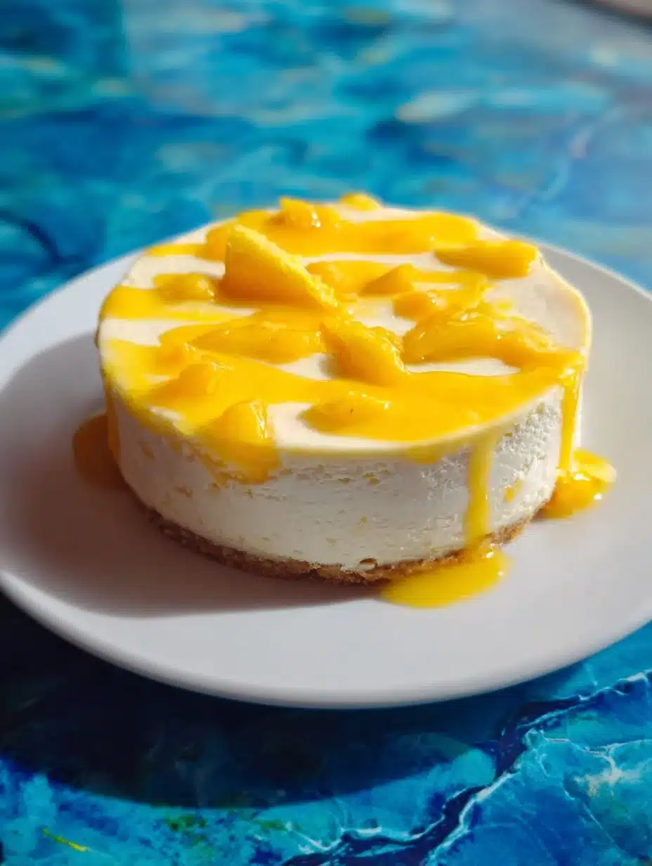 No-bake lemon cheesecake with mango sauce on a plate