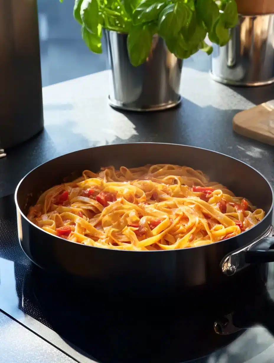 A bowl of One-Pot Pasta with colorful vegetables and herbs.