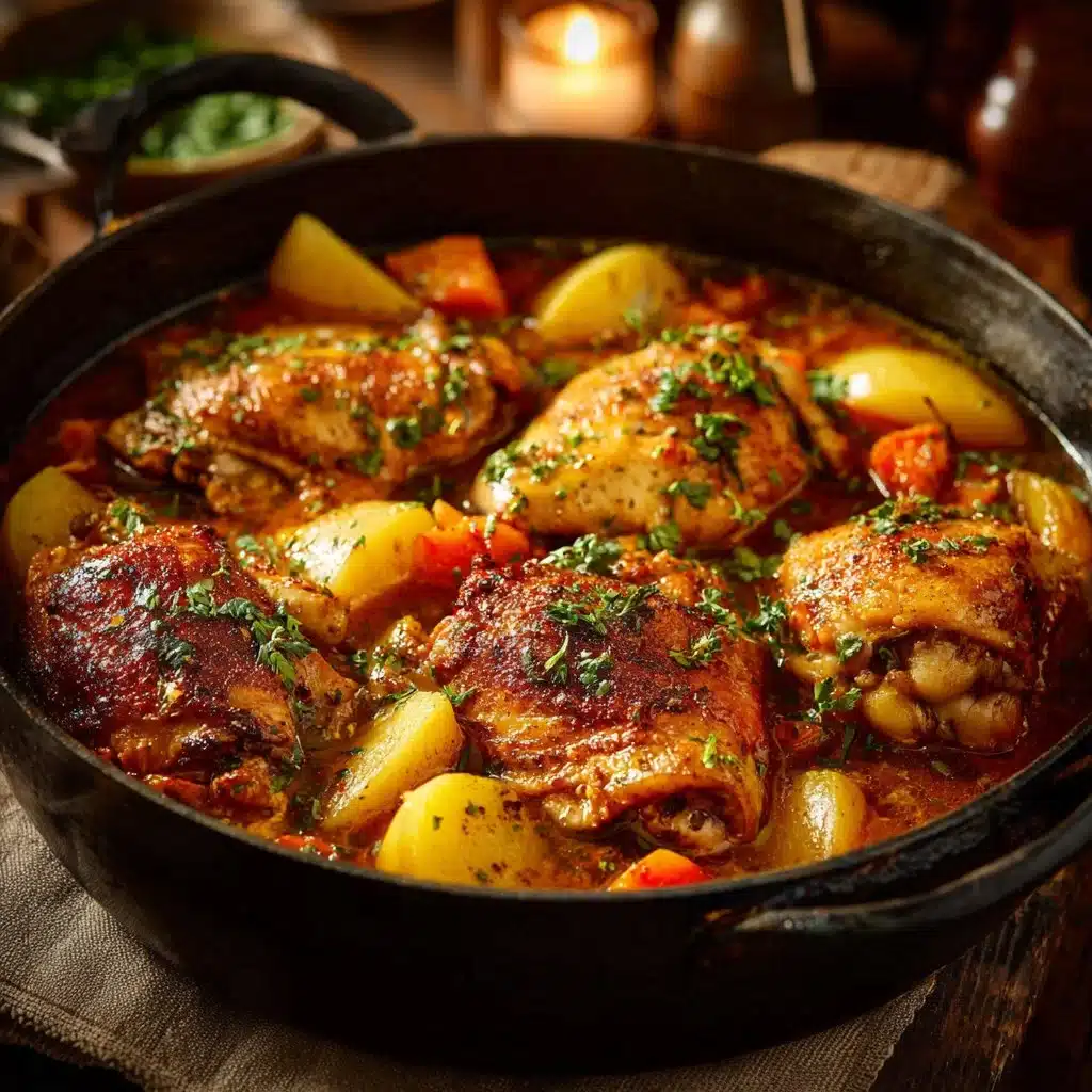 A delicious one-pot stewed chicken dish garnished with fresh herbs and vegetables