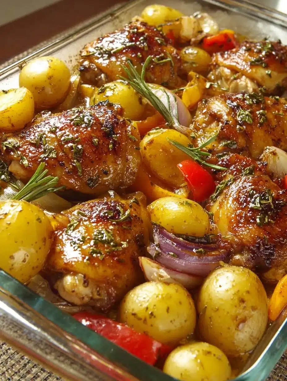 Oven-baked chicken with potatoes and peppers served on a plate