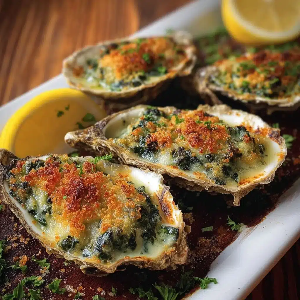 Elegant plate of Oysters Rockefeller topped with herbs and breadcrumbs