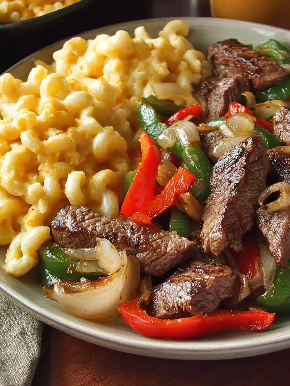 Delicious plate of Pepper Steak served with creamy Macaroni and Cheese.