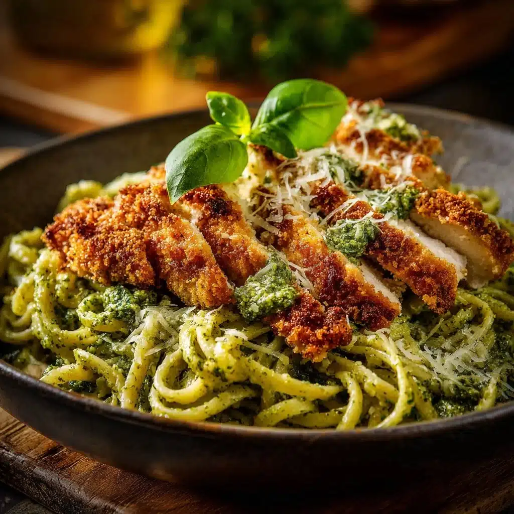 Pesto pasta with crispy Parmesan chicken garnished with fresh basil.
