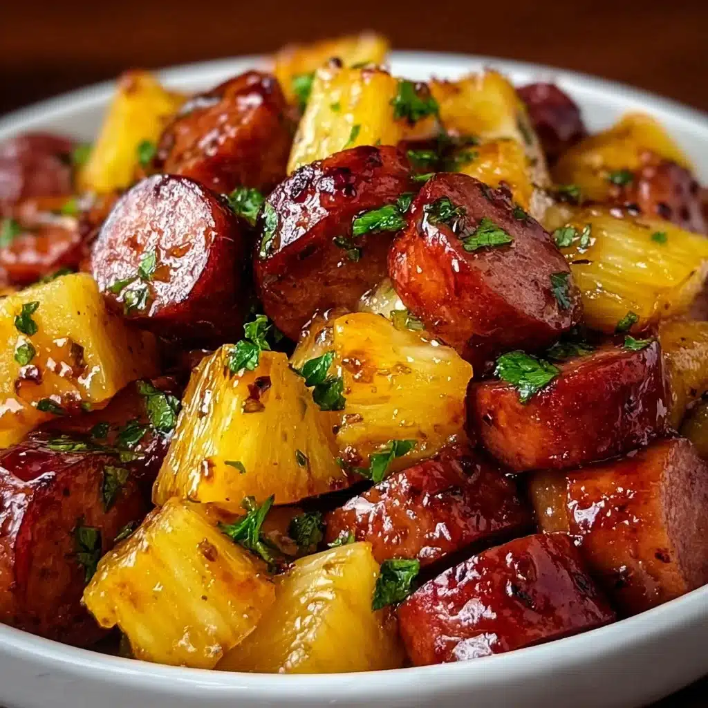 Pineapple Hasselback Kielbasa Bites on a serving platter, garnished for presentation.