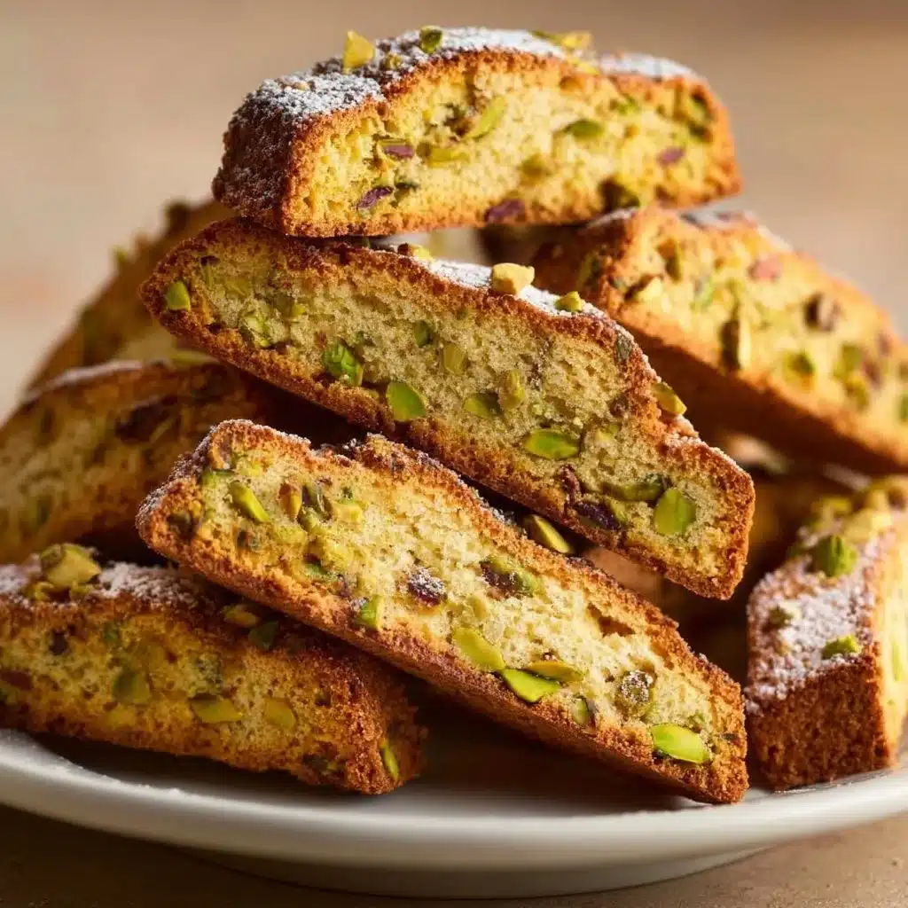 Pistachio Cannoli Biscotti displayed on a rustic wooden table.