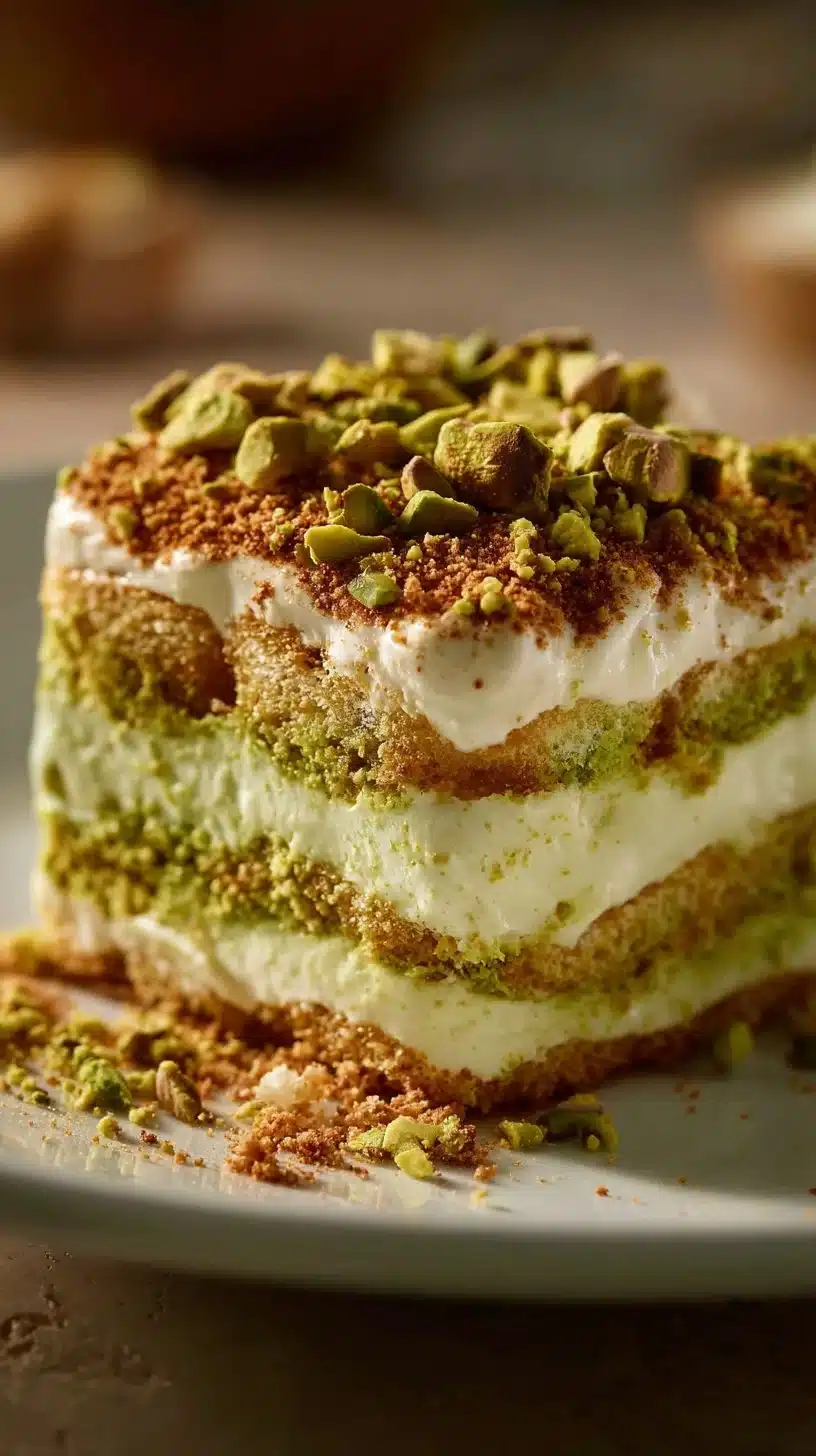 Delicious Pistachio Cream Tiramisu dessert served in a glass with pistachio garnish.