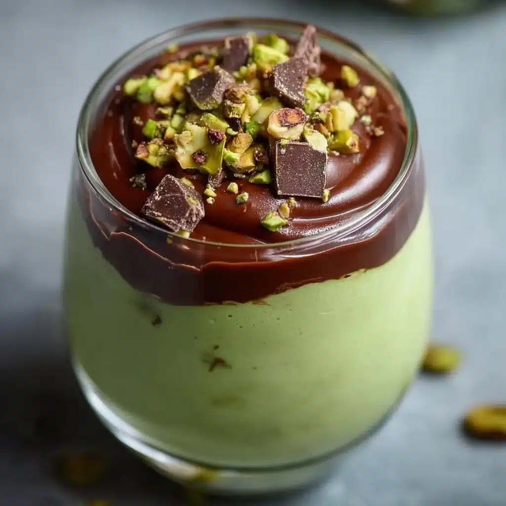 Pistachio mousse dessert topped with chocolate ganache in a serving dish.