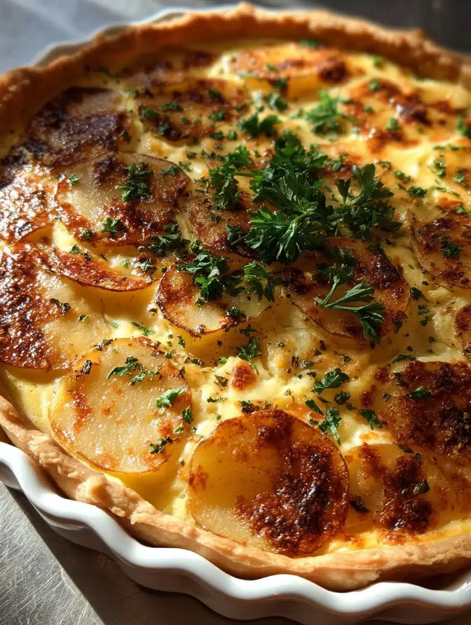 Delicious homemade potato pie served on a rustic wooden table