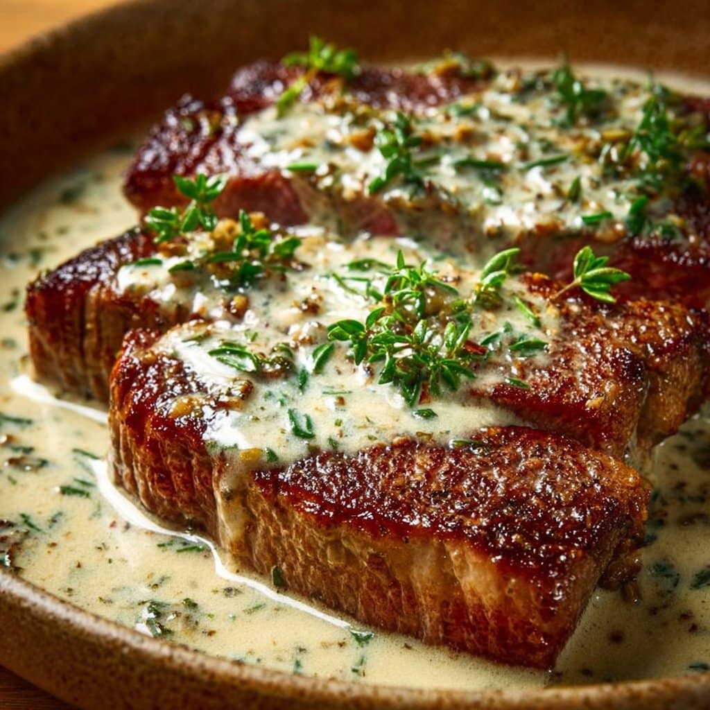 Seared Steak with Garlic Cream Sauce