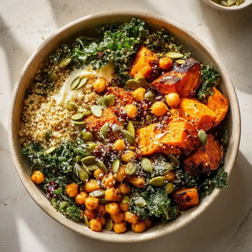 A vibrant quinoa harvest bowl filled with fresh vegetables and grains