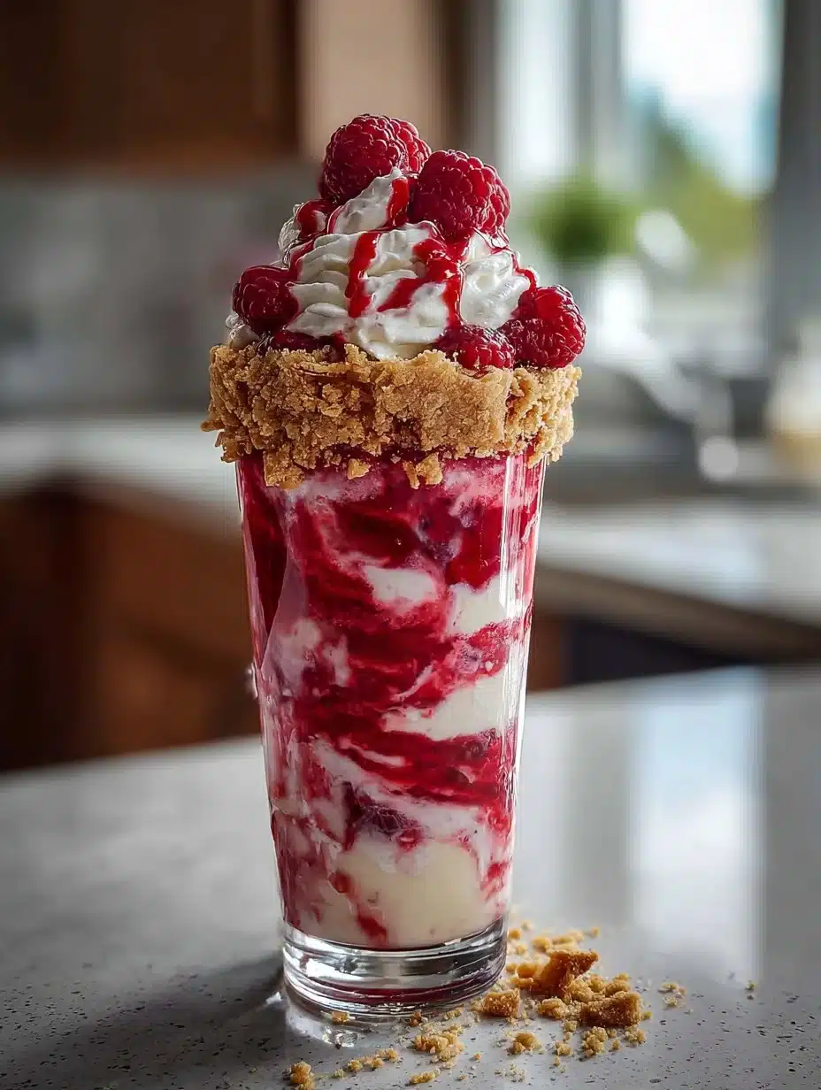 Raspberry Cheesecake Freakshake topped with whipped cream and fresh raspberries.