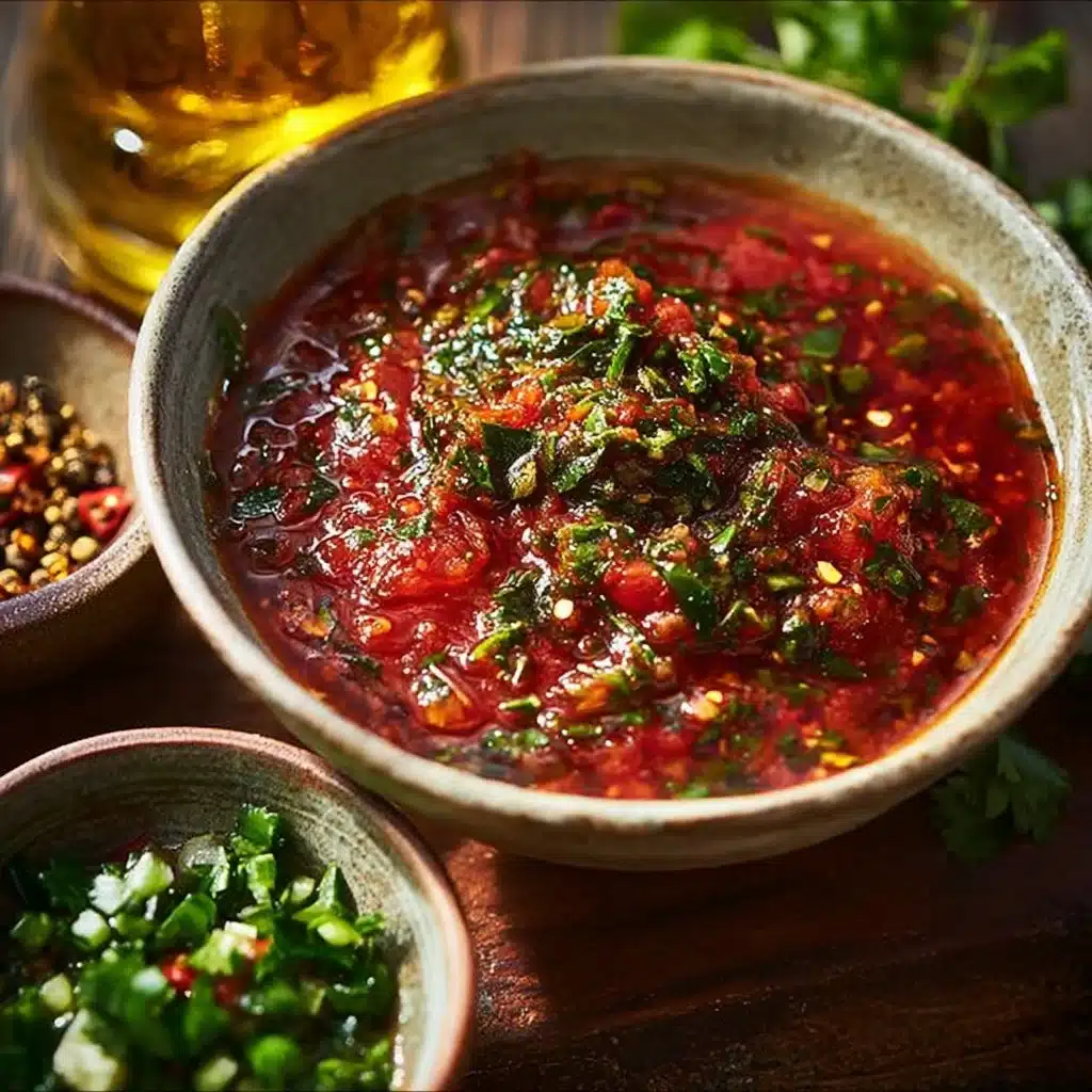 Homemade red chimichurri sauce in a bowl with herbs and spices.