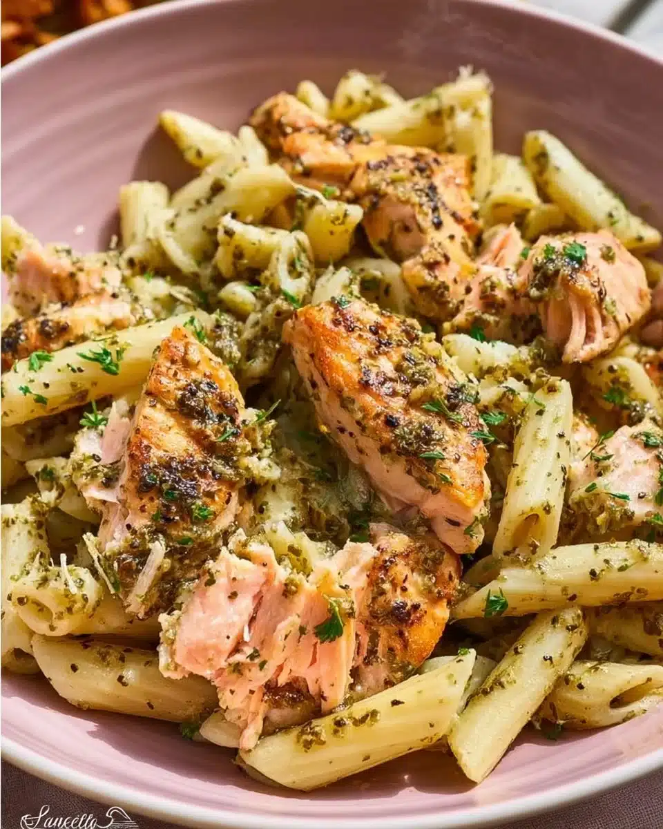 Delicious salmon pesto pasta garnished with fresh basil and cherry tomatoes
