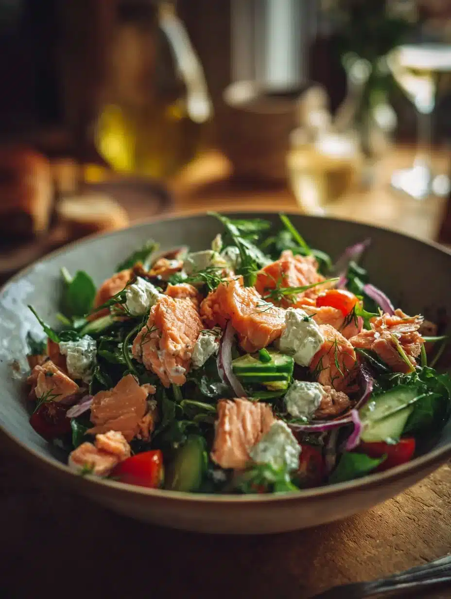 Freshly prepared salmon salad with mixed greens and colorful vegetables