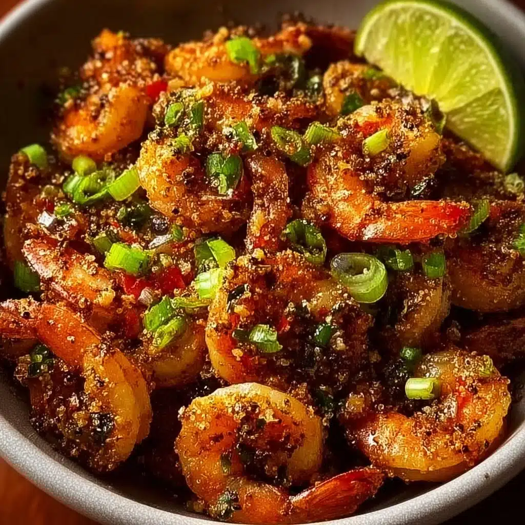 Plate of salt and pepper shrimp served with fresh herbs and spices