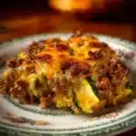 Savory ground turkey zucchini casserole served in a baking dish.