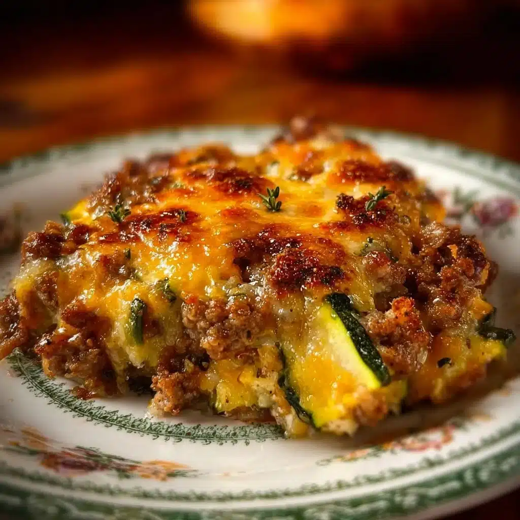 Savory ground turkey zucchini casserole served in a baking dish.