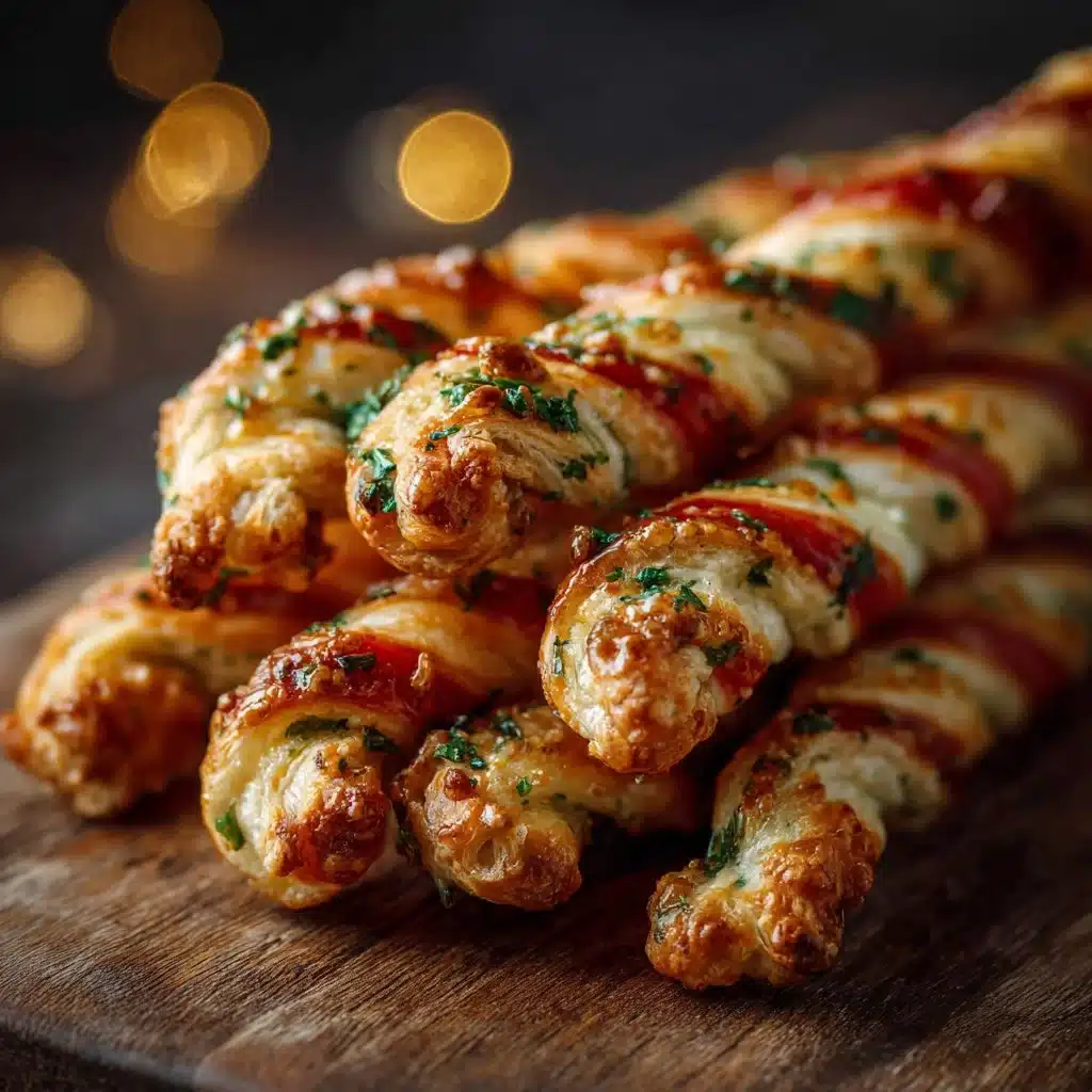 Savory puff pastry candy canes on a festive platter.
