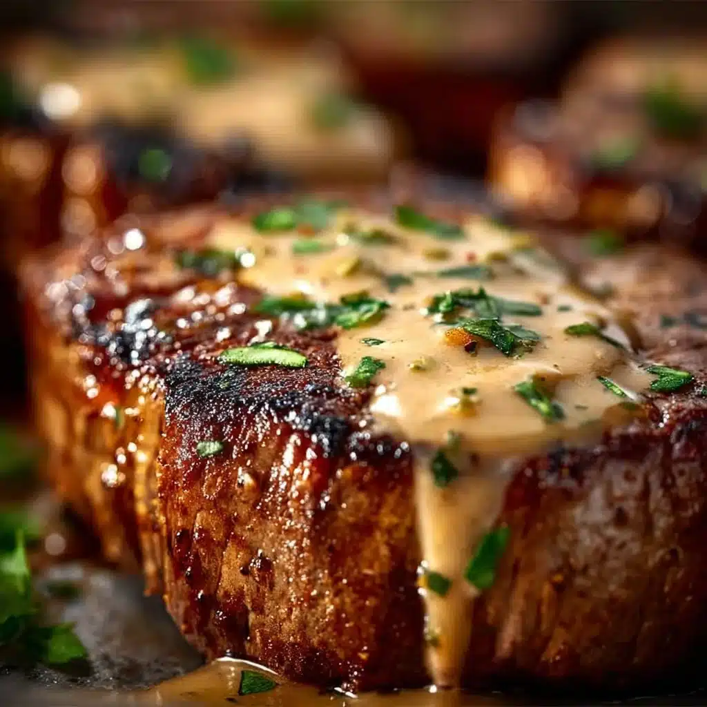 Seared steak served with a creamy garlic sauce on a plate