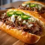 Delicious shredded beef sandwiches served on fresh buns