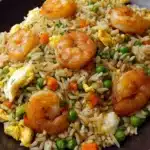 Plate of shrimp fried rice with vegetables and egg, colorful and appetizing