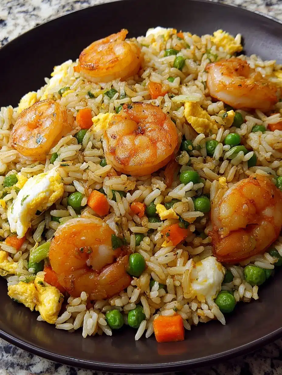 Plate of shrimp fried rice with vegetables and egg, colorful and appetizing