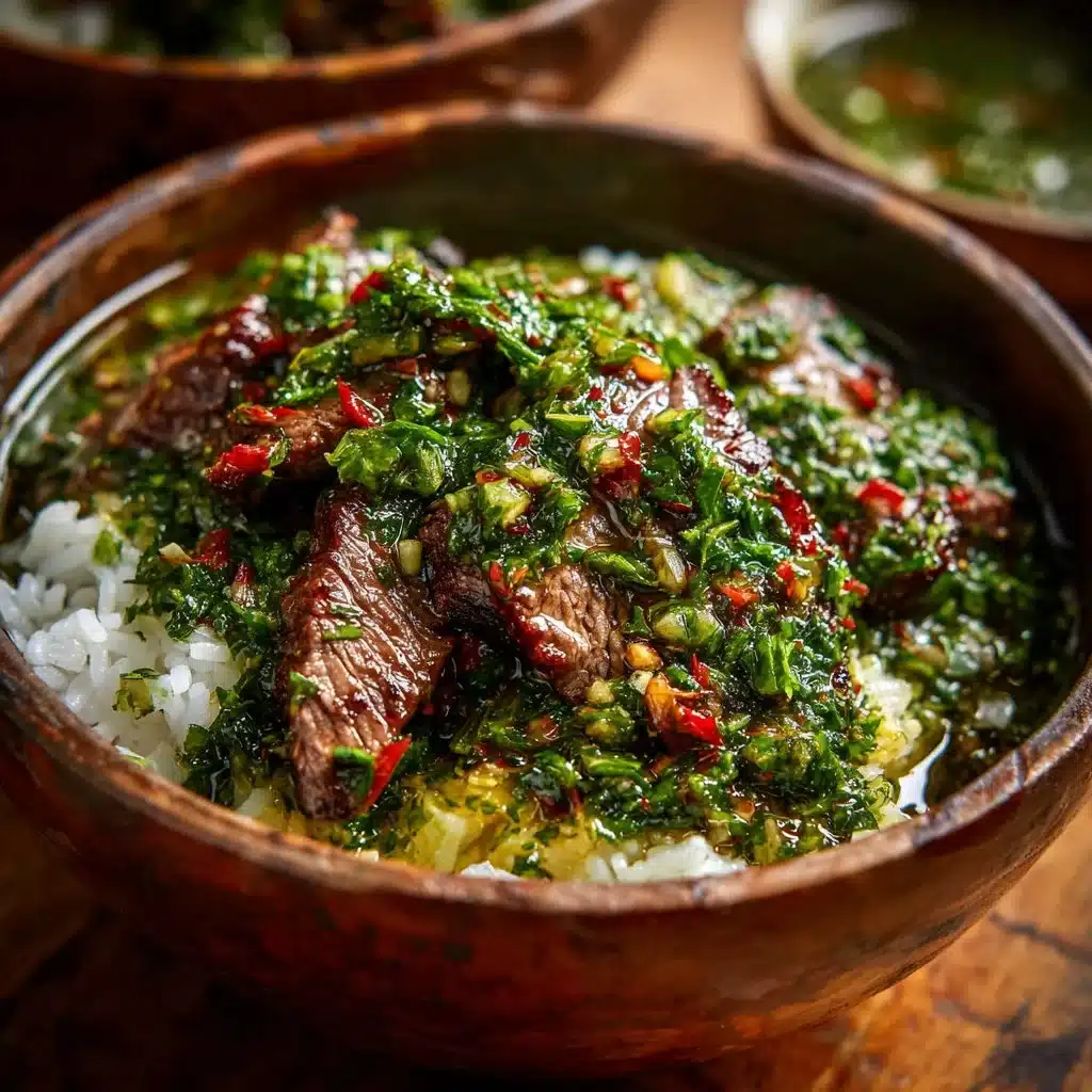 Skirt steak rice bowl garnished with chimichurri sauce and fresh vegetables.