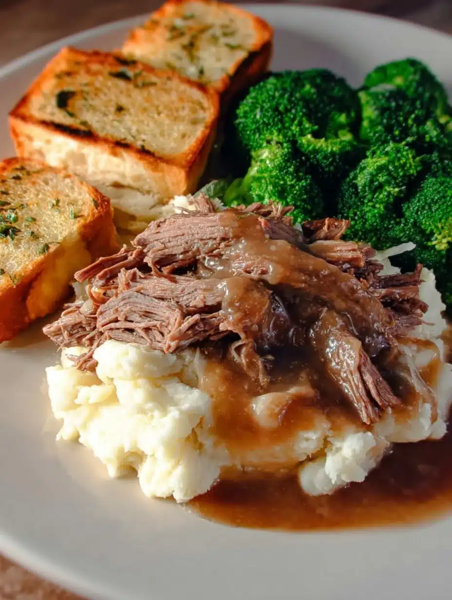 Delicious slow-cooked beef with mashed potatoes, broccoli, and cheesy garlic bread