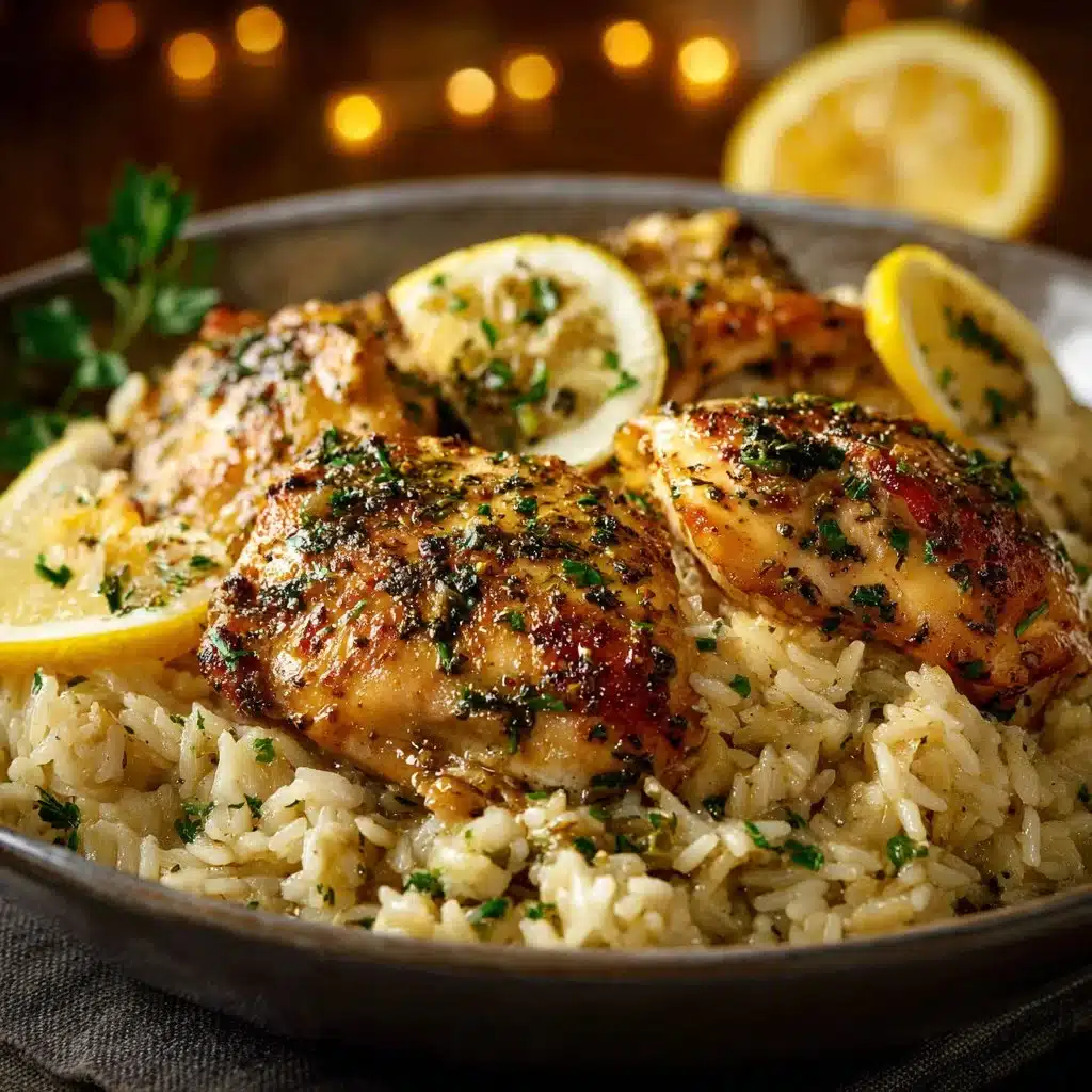 Delicious slow cooker lemon herb chicken served over rice with herbs