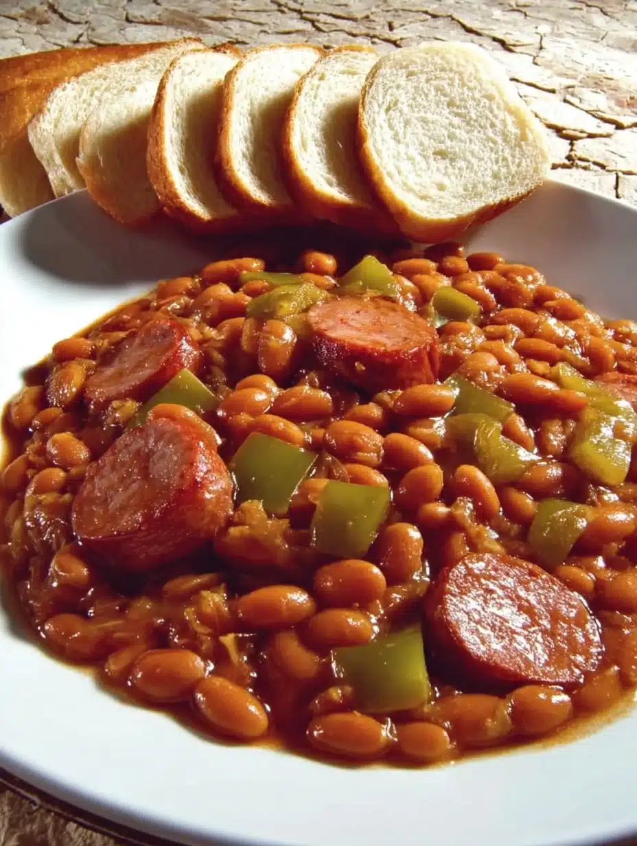 Bowls of smoky sausage baked beans with bread slices for a delicious meal