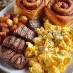 Steak and Eggs breakfast plate with skillet potatoes and cinnamon rolls.