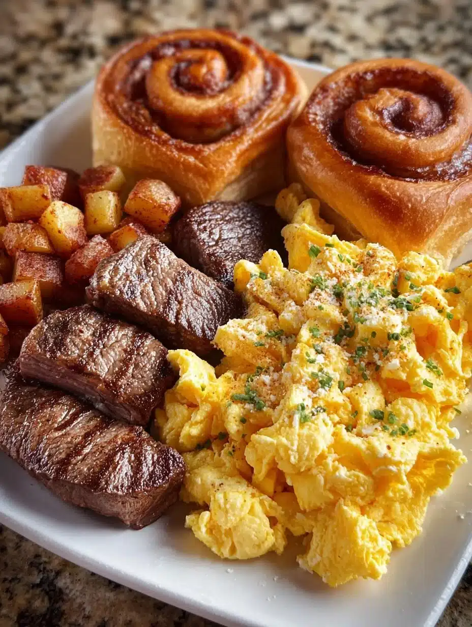 Steak and Eggs breakfast plate with skillet potatoes and cinnamon rolls.