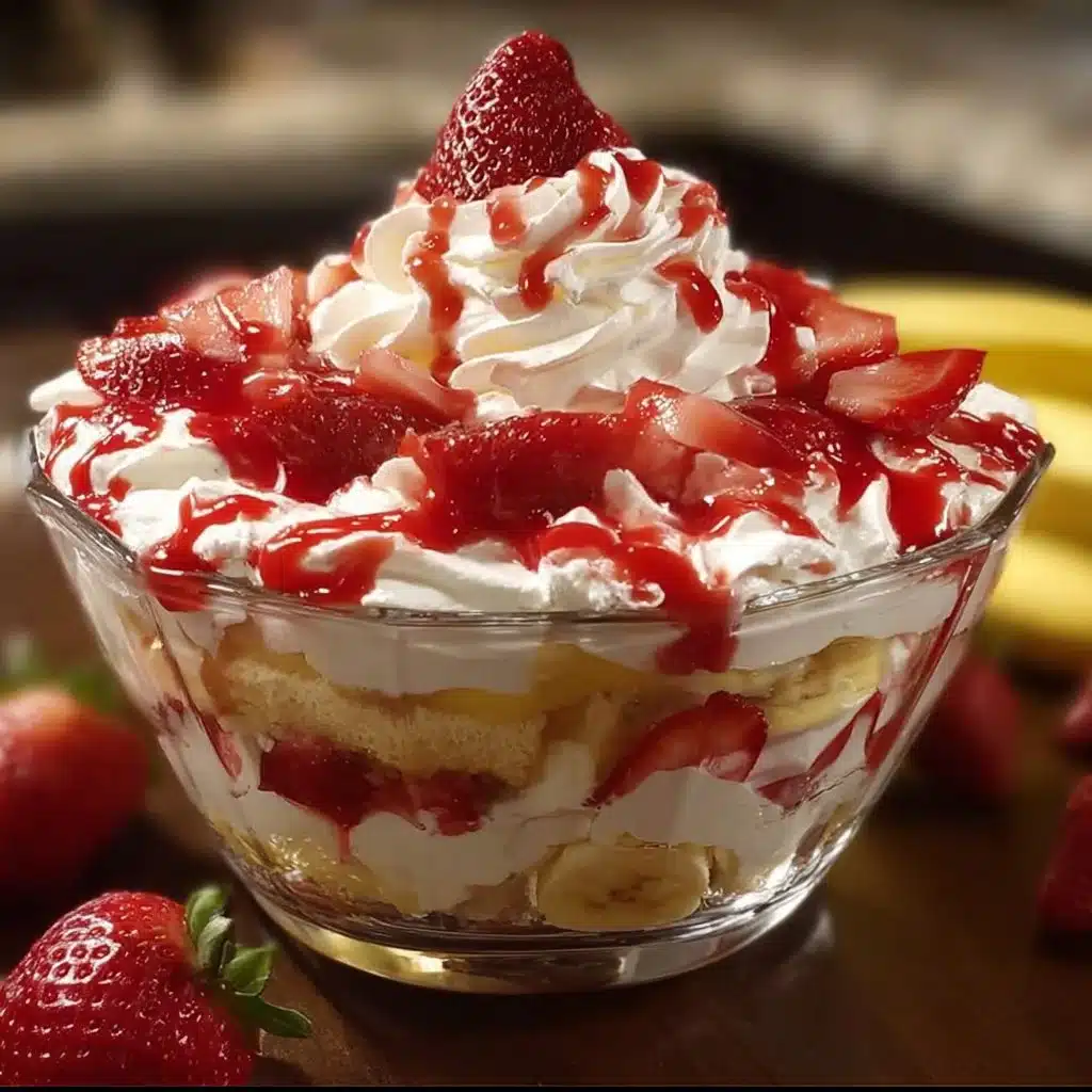 Delicious strawberry banana pudding topped with fresh fruit and whipped cream