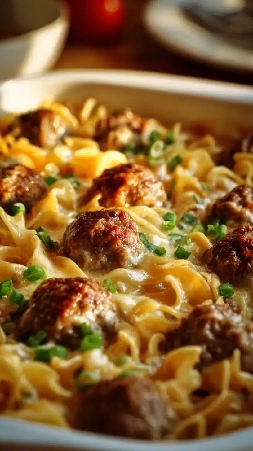Delicious Swedish meatball noodle bake topped with cheese and herbs