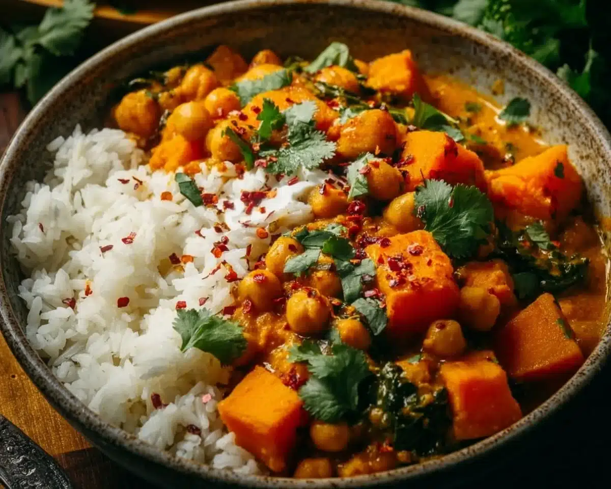 Bowl of sweet potato and chickpea curry garnished with cilantro.