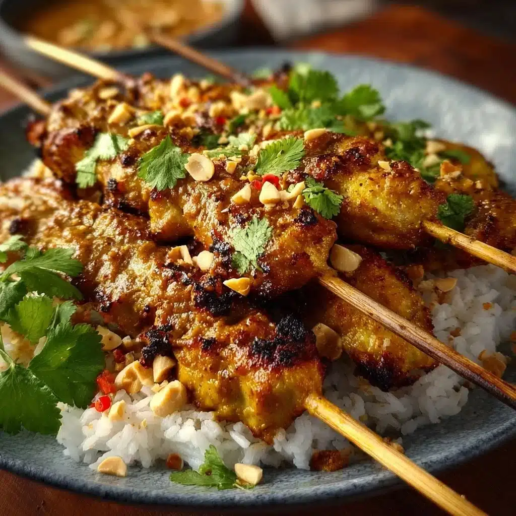 Delicious Thai Chicken Satay served with rich peanut sauce on a plate