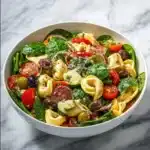 Bowl of colorful tortellini pasta salad with fresh vegetables and dressing