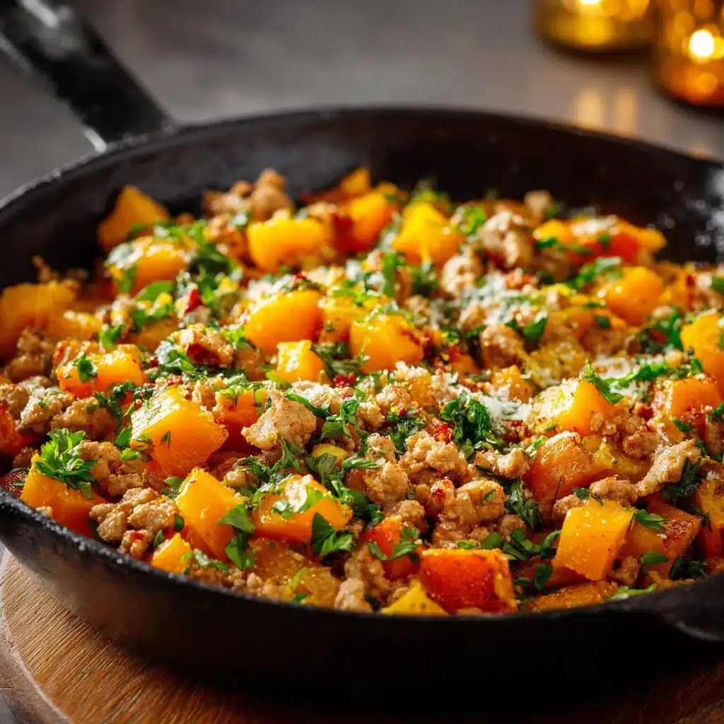 Turkey Butternut Squash Skillet topped with herbs and spices in a frying pan.