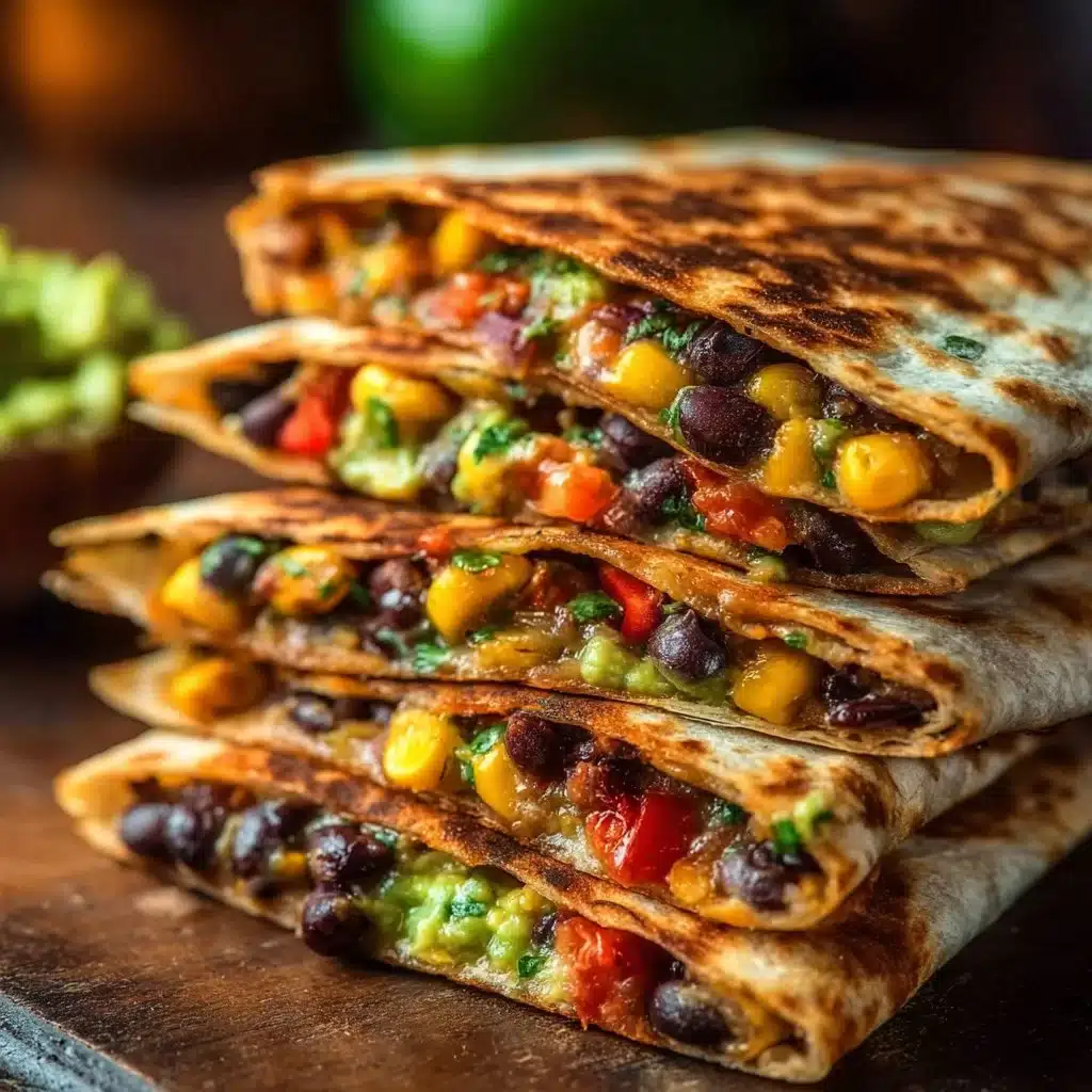 Plate of vegan quesadillas filled with fresh vegetables and plant-based cheese