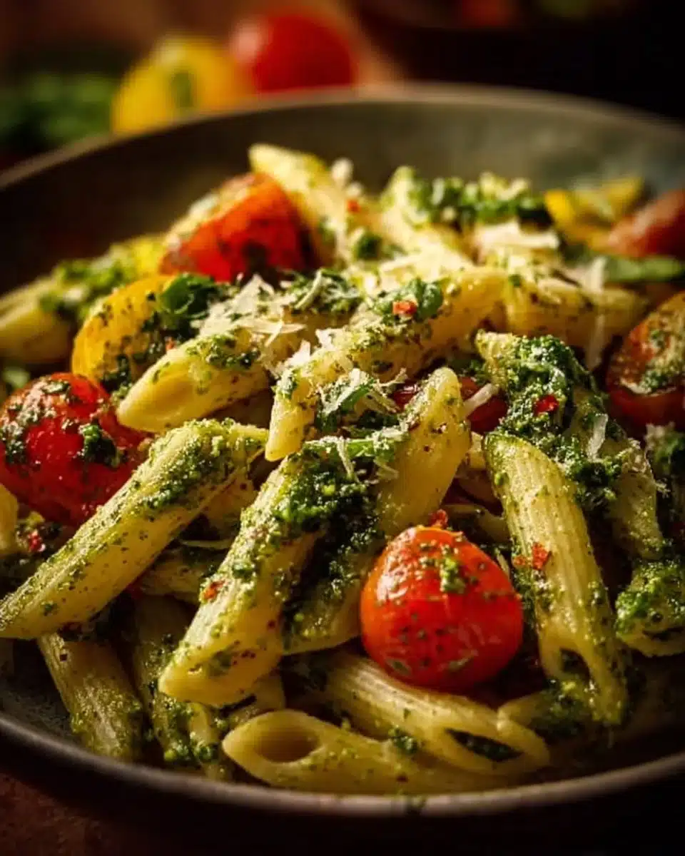 Bowl of Veggie Pesto Penne pasta with fresh vegetables and pesto sauce