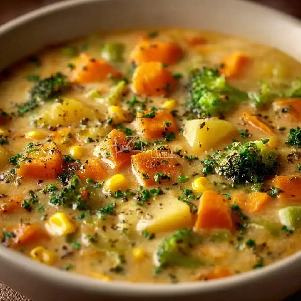 Bowl of delicious Veggie Pot Pie Soup with colorful vegetables and a creamy broth.