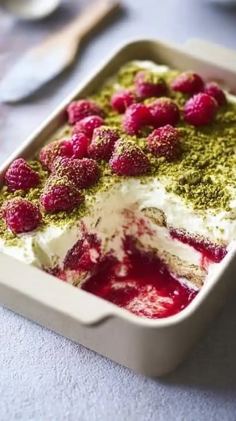 Delicious White Chocolate, Raspberry, and Pistachio Tiramisu dessert