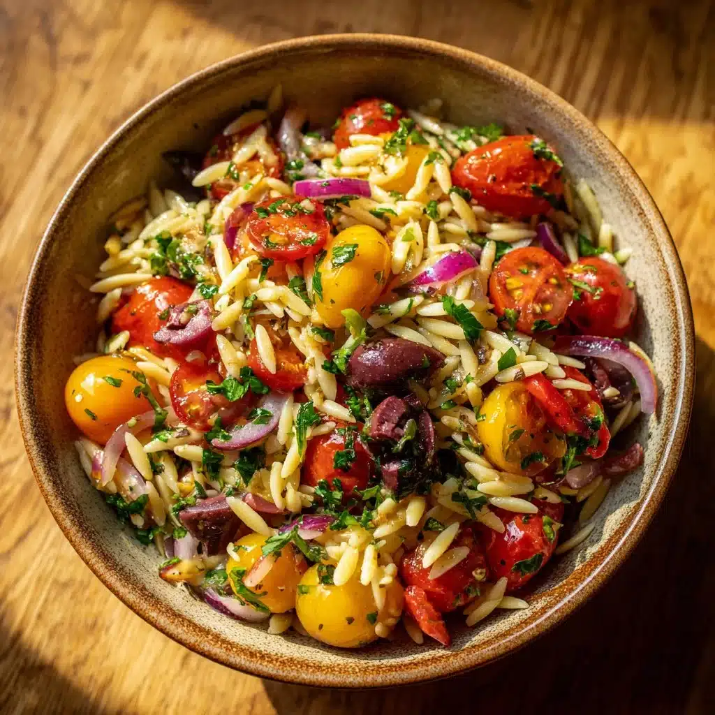 Delicious balsamic orzo salad with fresh vegetables and herbs