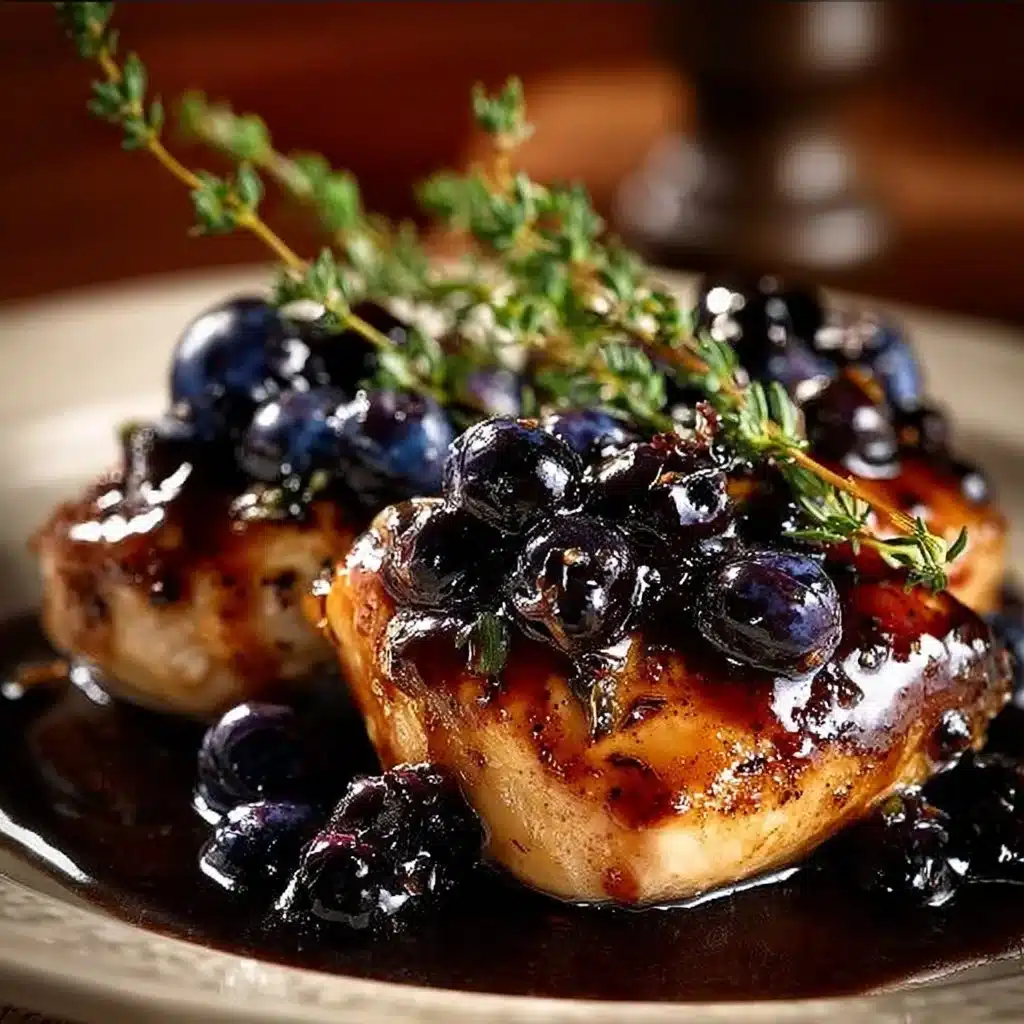 Plate of best-ever blueberry thyme chicken garnished with fresh thyme