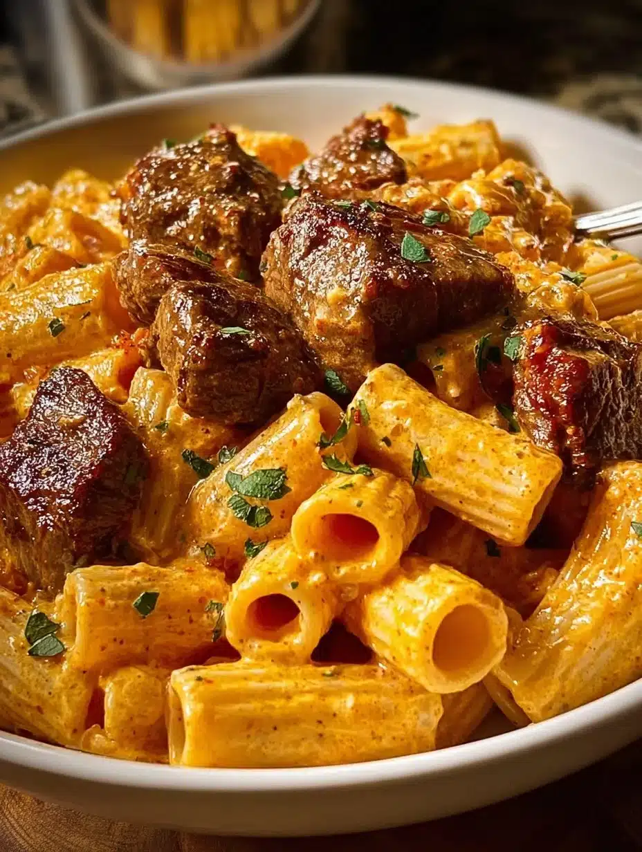 Cajun Steak Tips served alongside Cheesy Rigatoni in a delicious plate.