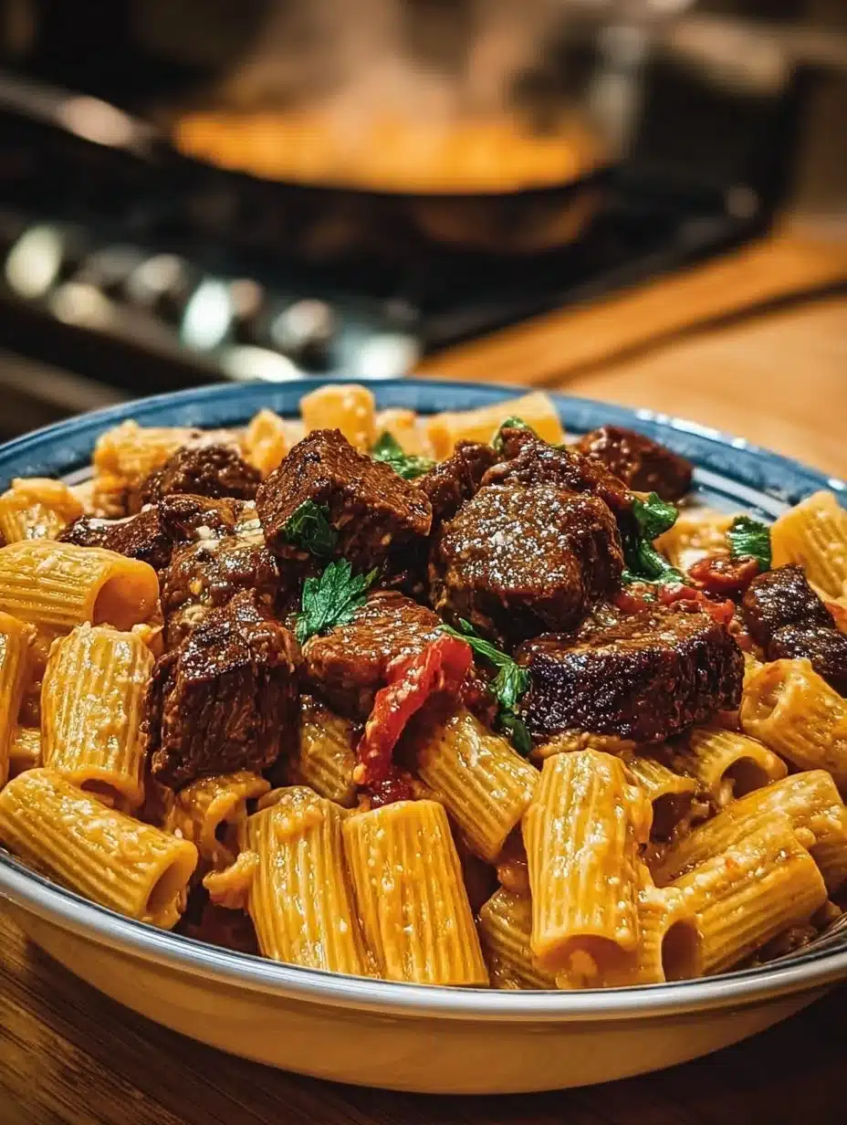Cajun Steak Tips with Cheesy Rigatoni